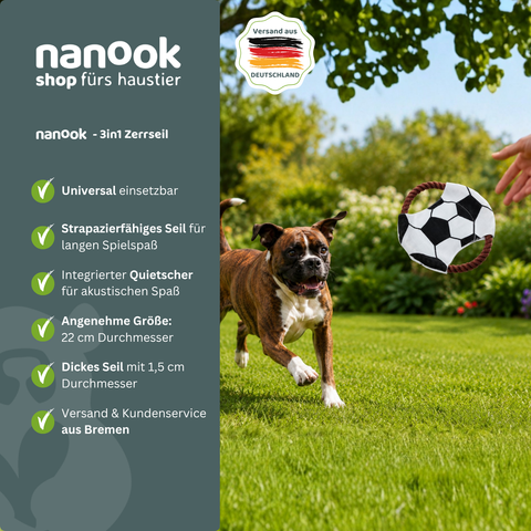 Hundespielzeug Zerrseil-Frisbee – Fußballmotiv mit Quietscher – Ø 22 cm