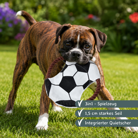 Hundespielzeug Zerrseil-Frisbee – Fußballmotiv mit Quietscher – Ø 22 cm