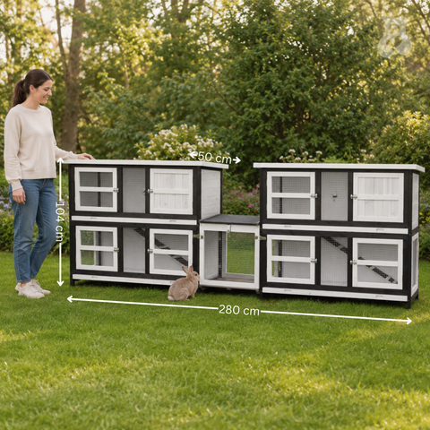 XXL Doppel Kleintierstall Kombi Frederik – 2 Ställe + Verbindungsmodul – 280×50×104 cm